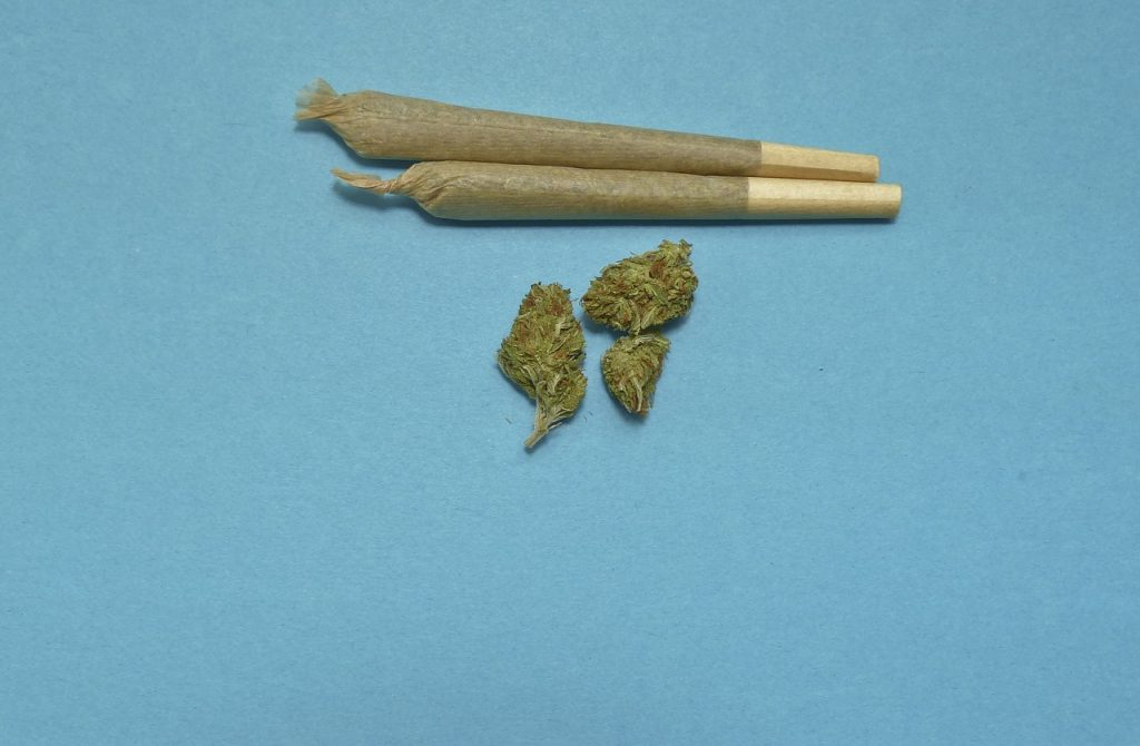 2 Joints und etwas Marihuana auf blauem Untergrund