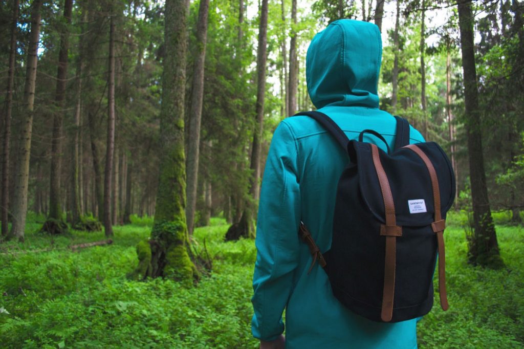 Ein Wanderer mit Rucksack im tiefen Wald.Trägt eine smaragdfarbene Jacke und hat die Kapuze übergezogen.