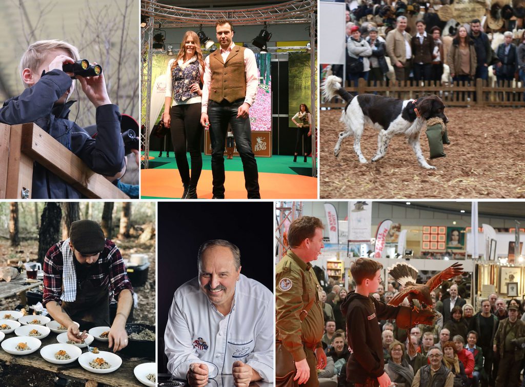 Collage mit verschiedenen Bildern. Jagdhund beim Apportieren, Koch beim Anrichten. Modenschau. Greifvogelschau.