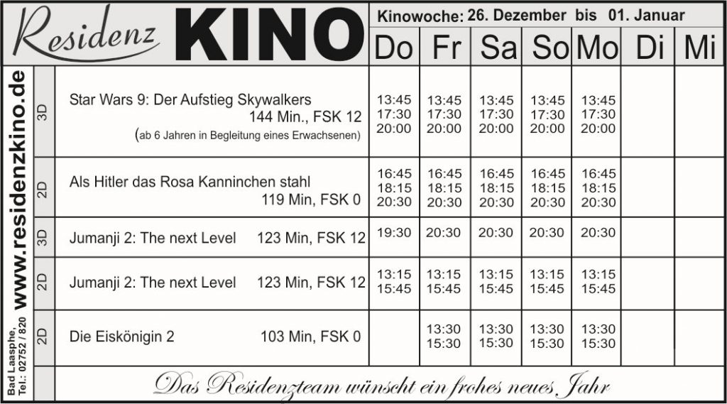 Das Kinoprogramm mit den aktuellen Filmen als Tabelle.