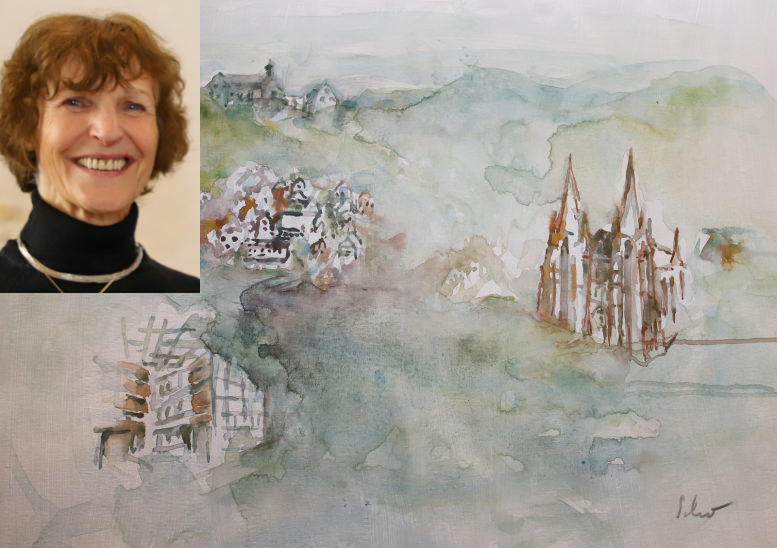 Die Aquarell-Collage von Marburg. Mit Elisabethkirche und Fachwerkhäusern. Das Foto der Künstlerin ist eingeklinkt. Sie hat kurze, rötliche Locken.