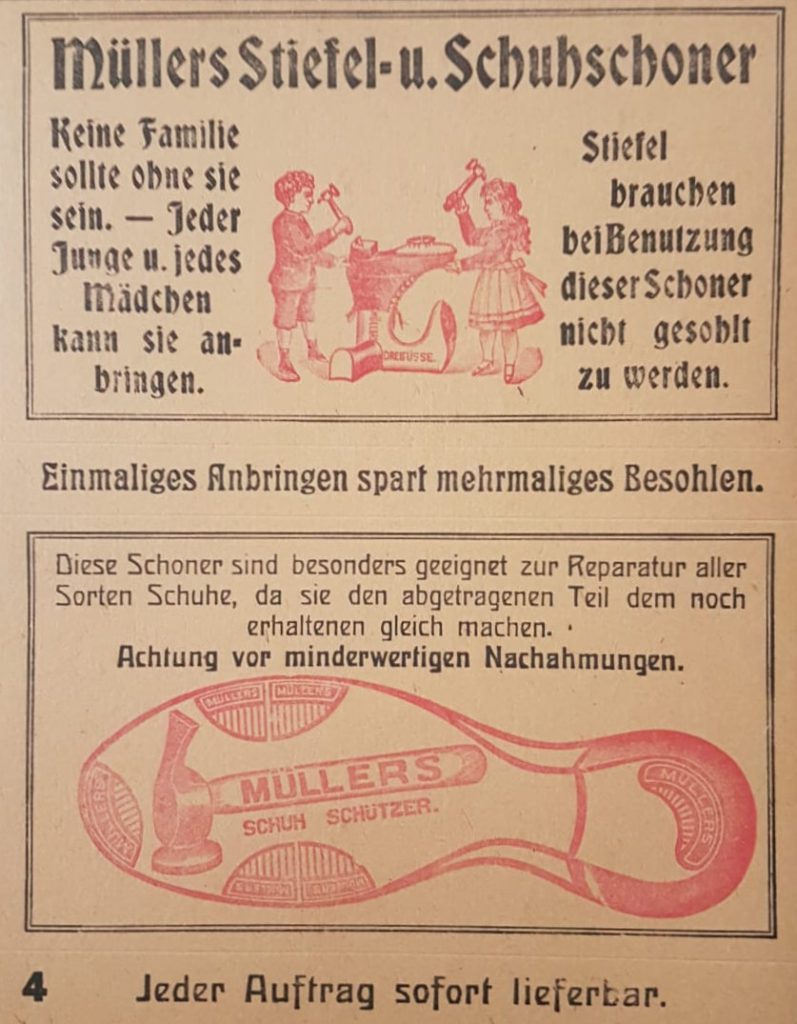 Altes Werbeschild aus brauner Pappe. "Müllers Stiefel- u. Schuhschoner".