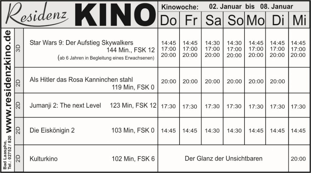 Tabelle mit den aktuellen FIlmen im Residenzkino.