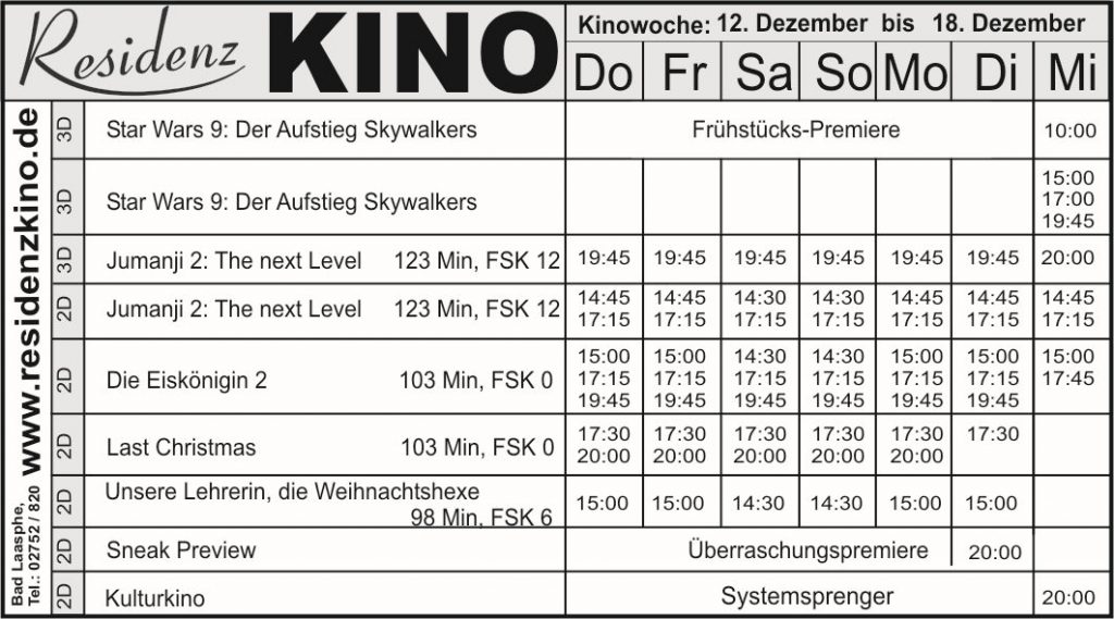 Das aktuelle Kinoprogramm als Tabelle.