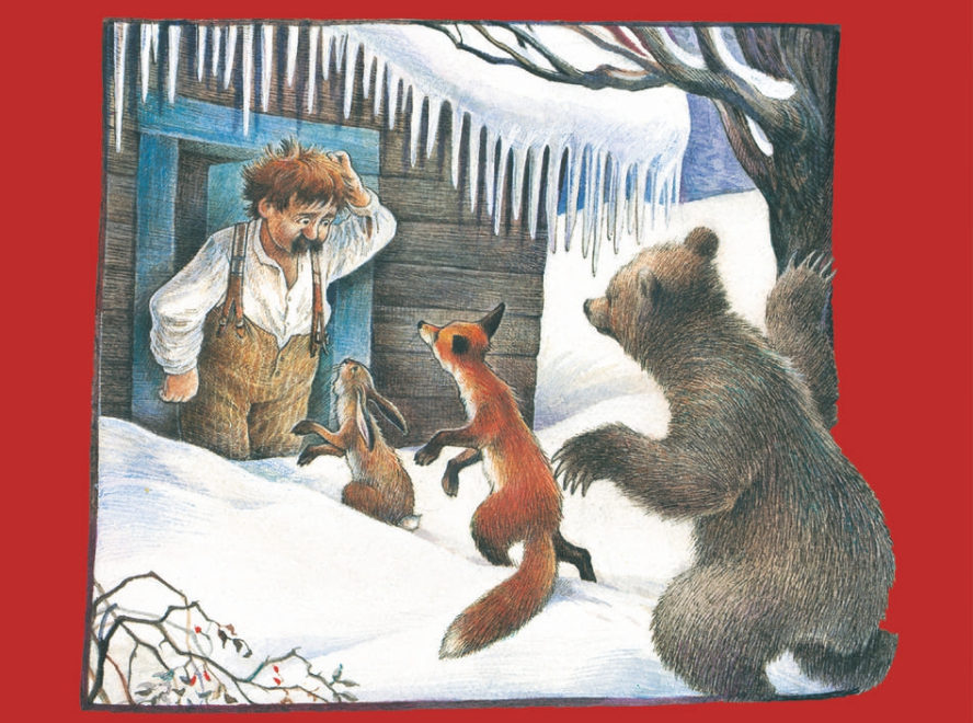 Eine Kinderzeichnung. Wanja steht vor seiner Holzhütte im Schnee, davor Hase, Fuchs und Bär.