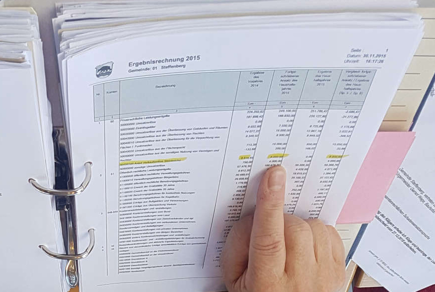 Aktenordner, Aufgeschlagen mit einer Ergebnisrechnung. Finger zeigt markierten Textbereich.