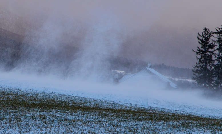 Eine Wiese. Schneegestöber. Dahinter angedeutet Häuser.
