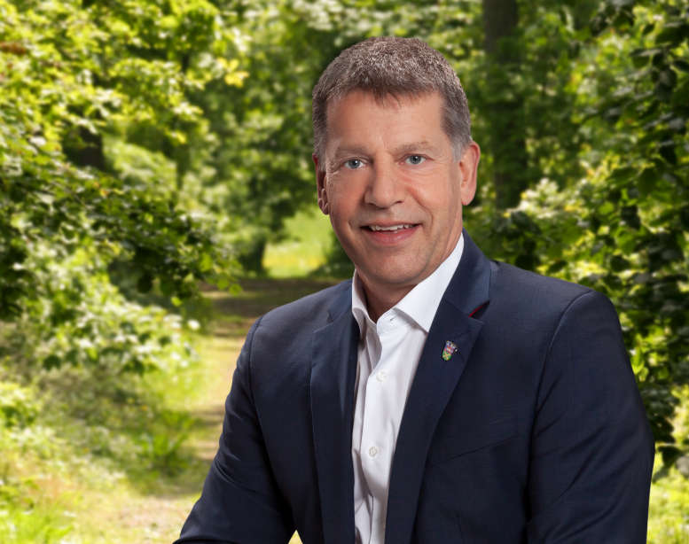 Mann im Anzug vor Waldweg-Kulisse