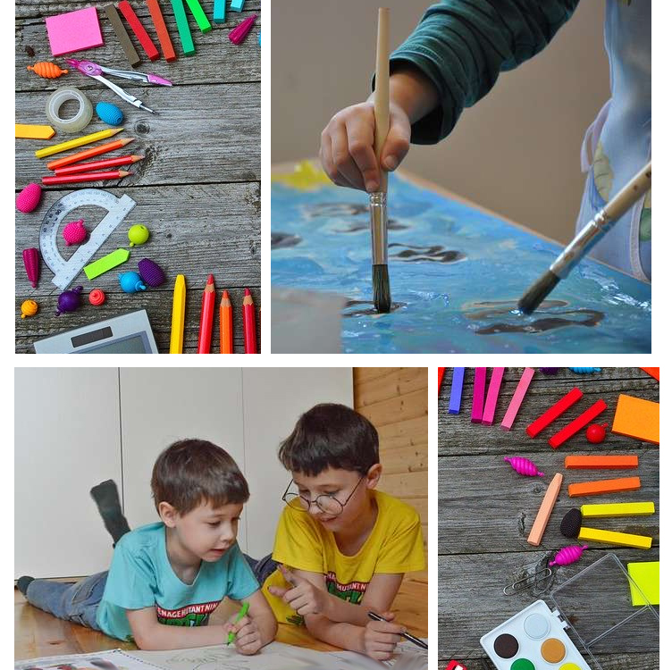 Collage mit malenden Kindern und Malutensilien.