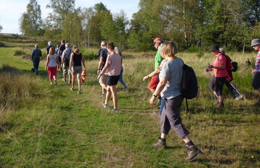 Eine Wandergruppe (Frauen und Männer) laufen über einen Gras-PFad.