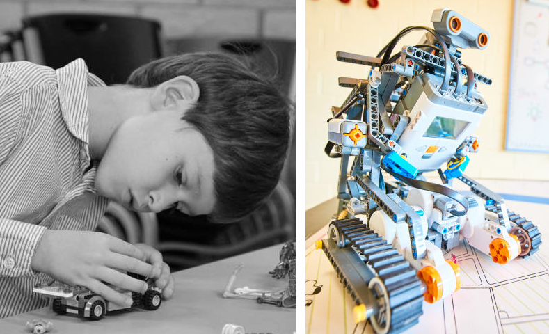 Kind spielt mit Lego. Daneben (separates Bild) ein Lego-Roboter.