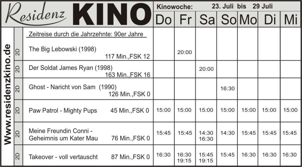 Kinoprogramm in tabellarischer Form.