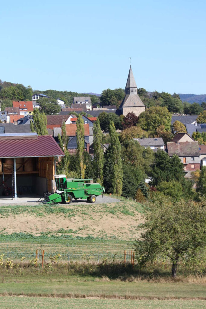 Eine Wiese in Dautphe mit Kirche im Hintergrund