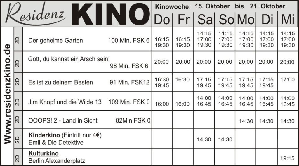 Das aktuelle Programm im Residenzkino Bad Laasphe.