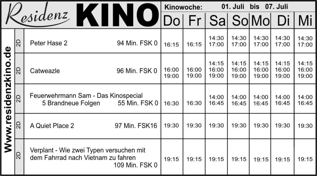 Tabelle mit den aktuellen Filmen und Zeiten