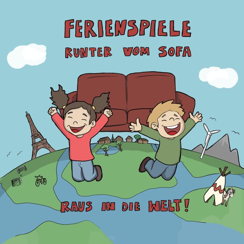 Zeichnung mit hüpfenden Kindern, Eiffelturm, Tipi und Landschaft...