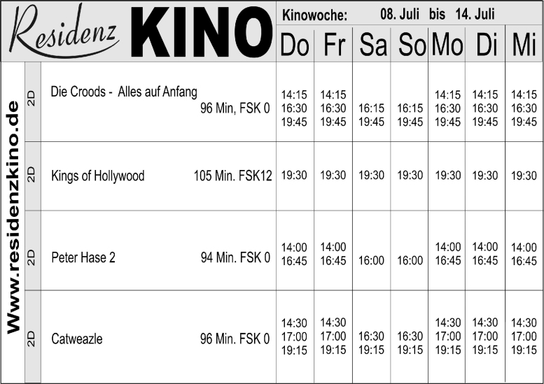 Kinoprogramm der Woche. Tabelle.