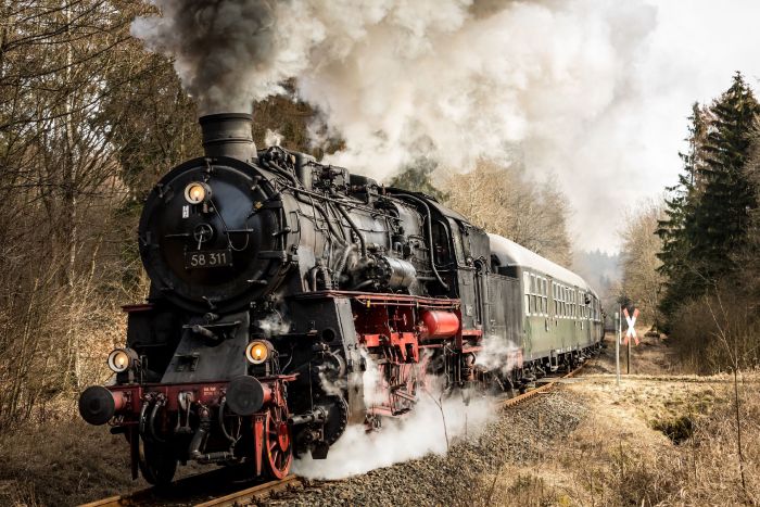 Alte Dampflok mit Waggons auf einer Waldstrecke