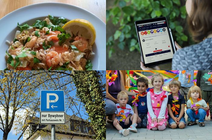 4 Foto-Collage mit Essen, Lindern und Schild