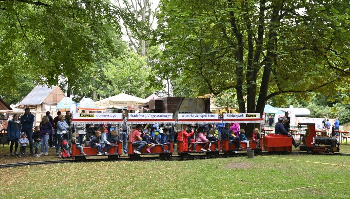 Dampfbahn mit Passagieren fährt durch den Park